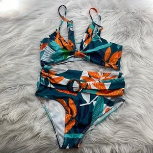 Shein | 3 piece leaf print bikini swimsuit with kimono